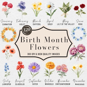 Impresión digital de flores del mes de nacimiento, clipart de flores de nacimiento, ramo de flores personalizado, diseño floral, flores del mes de nacimiento, clipart botánico