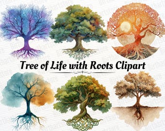 May include: A collection of watercolor illustrations featuring trees with intricate root systems. The trees display a variety of colors, including blue, green, orange, and brown. The text "Tree of Life with Roots Clipart" is also present.