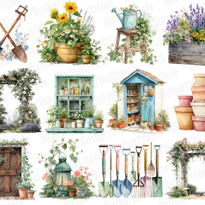 May include: Watercolor illustrations of gardening elements. The image features a collection of gardening tools, flower pots, a potting shed, and floral arrangements. The color palette includes greens, blues, and browns, creating a rustic and charming aesthetic.