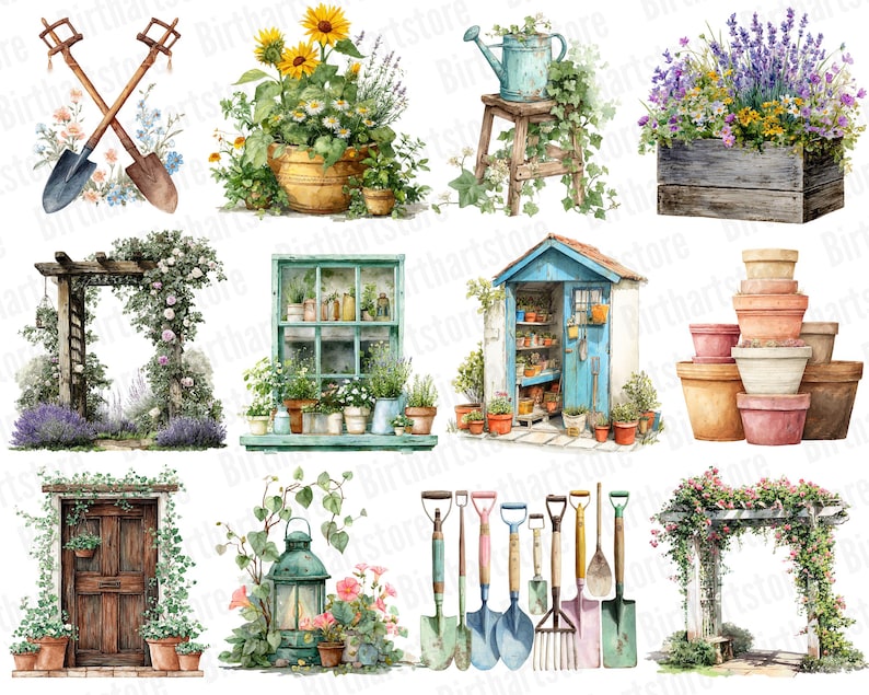 May include: Watercolor illustrations of gardening elements. The image features a collection of gardening tools, flower pots, a potting shed, and floral arrangements. The color palette includes greens, blues, and browns, creating a rustic and charming aesthetic.