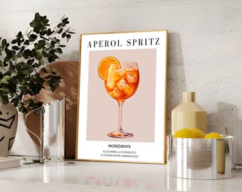 Mid-Century Modern Aperol Spritz Print, Cocktail Recipe Wall Art for Kitchen, Retro Bar Cart Decor, Printable Cocktail Poster Gift for Her