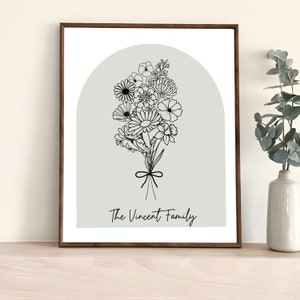 Bouquet de fleurs personnalisé pour la famille le mois de naissance, cadeaux personnalisés pour maman, art mural fleurs le mois de naissance, graphiques de bouquet, impression d'anniversaire personnalisée