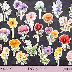 Birth Month Flower Printable Stickers, Birth Flower PNG, Antique Floral PNG, Personalized Flower Bouquet, Birthday Flower, Floral Botanical