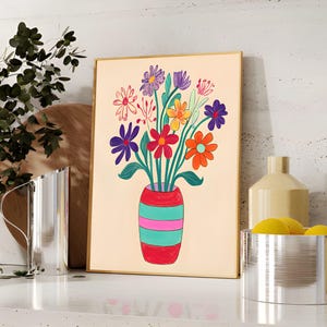 Impresión de jarrón de flores retro, arte botánico moderno, arte de jarrón minimalista, decoración de pared escandinava, impresión de decoración floral, arte de pared botánico colorido