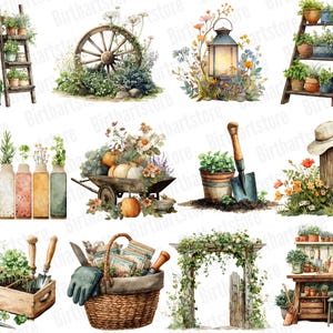 May include: Watercolor illustrations of gardening elements. The image features a wooden ladder with potted plants, a wheelbarrow with pumpkins and flowers, a lantern, and a basket with gardening tools. Other elements include a wooden archway and a potting table.