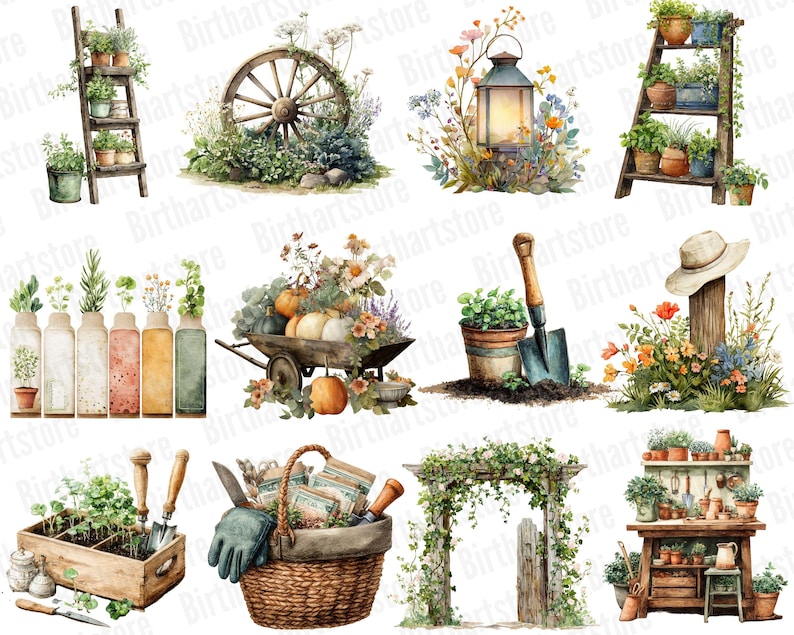 May include: Watercolor illustrations of gardening elements. The image features a wooden ladder with potted plants, a wheelbarrow with pumpkins and flowers, a lantern, and a basket with gardening tools. Other elements include a wooden archway and a potting table.