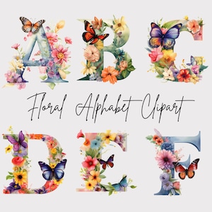 Floral Alphabet Clipart, Floral Letter Monogram, Floral Initial, Alphabet Png, A-Z Floral Letters, Nursery Decor Scrapbooking Commercial Use