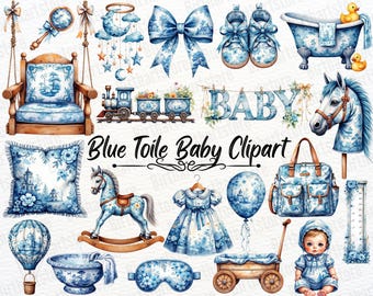 Blue Toile Clipart Bundle, French Chinoiserie Baby Animals PNG, Nursery Art