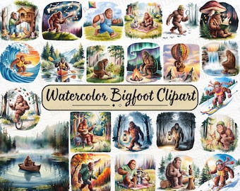 Aquarel Bigfoot-clipartbundel | Grappige sasquatch | Schattige bosdieren en baby Bigfoot-png-ontwerpen | Commercieel gebruik, direct downloaden