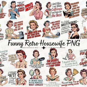 Rolig retro hemmafru PNG-paket | 40 sarkastiska vintage clipart-designer för sublimering | Kommersiell t-shirtdesign digital nedladdning bild 1