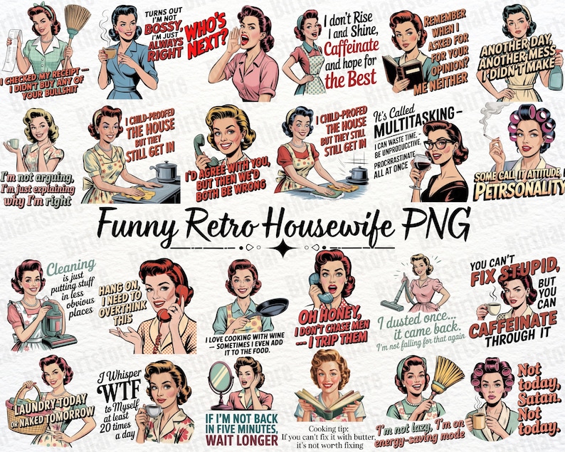 Rolig retro hemmafru PNG-paket | 40 sarkastiska vintage clipart-designer för sublimering | Kommersiell t-shirtdesign digital nedladdning bild 1