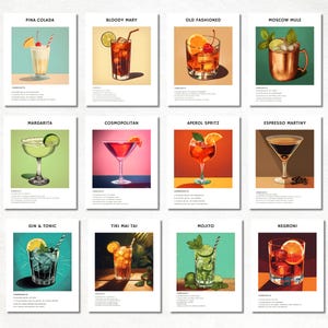 Set mit 12 Cocktail-Prints, Vintage Cocktail-Druck, Hausbar-Wanddekoration, ästhetische Bar-Warenkorb-Drucke, moderne Bar-Wandkunst, Alkoholdruck-Set