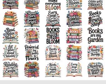 Floral Book Quotes Clipart PNG Bundle, Literary Graphics, Book Quote Clipart for Junk Journal, Commercial Use (Digital Download)