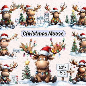 Christmas Moose Clipart, Moose Wearing Santa Hat, Holiday Moose Clipart, Adorable Winter Wildlife, Christmas Animals, Festive Holiday Animal