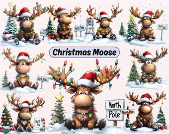 Christmas Moose Clipart, Moose Wearing Santa Hat, Holiday Moose Clipart, Adorable Winter Wildlife, Christmas Animals, Festive Holiday Animal