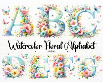Watercolor Floral Alphabet PNG, Boho Letter Clipart for Wedding Invitations and Monogram Designs