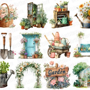 May include: Watercolor illustrations of garden-themed elements. A woven basket overflowing with flowers, a blue door, gardening tools, a wheelbarrow, a swing, a watering can, a wooden sign that says "Garden", and a greenhouse.