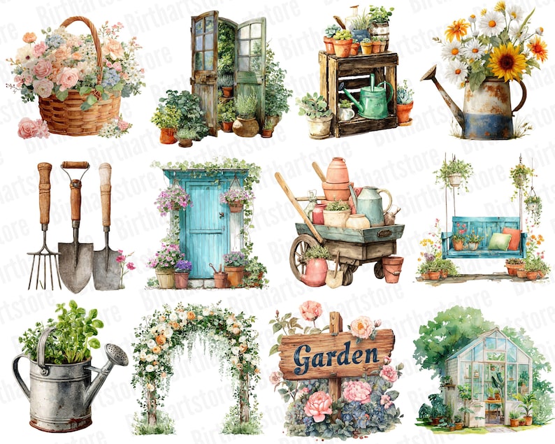 May include: Watercolor illustrations of garden-themed elements. A woven basket overflowing with flowers, a blue door, gardening tools, a wheelbarrow, a swing, a watering can, a wooden sign that says "Garden", and a greenhouse.