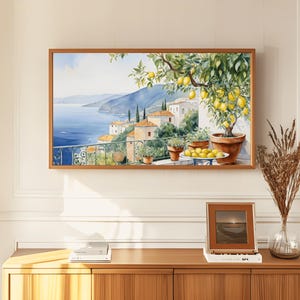 Amalfi Coast TV Art Frame with Lemons Mediterranean Coastal TV Decor Lemon Grove TV Painting Italian Seaside TV Frame Amalfi Coast TV Scene Vibrant Lemon TV Art Amalfi TV Display Coastal Landscape Art