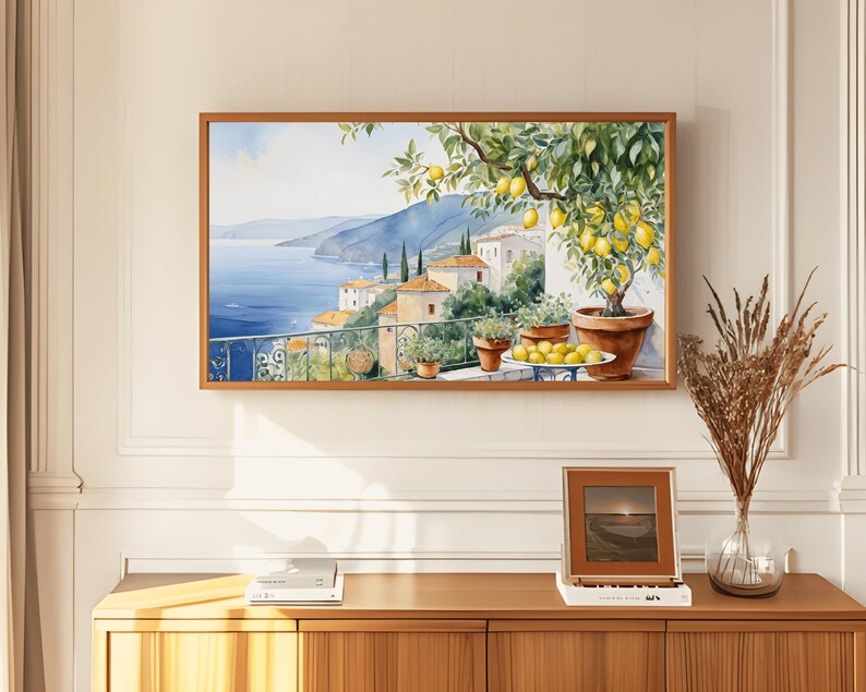 Amalfi Coast TV Art Frame with Lemons Mediterranean Coastal TV Decor Lemon Grove TV Painting Italian Seaside TV Frame Amalfi Coast TV Scene Vibrant Lemon TV Art Amalfi TV Display Coastal Landscape Art