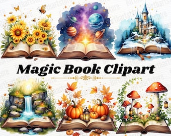 May include: A collection of watercolor illustrations featuring open books with various magical themes. The images include sunflowers, planets, a castle, a waterfall, pumpkins, and mushrooms. The text "Magic Book Clipart" is displayed in bold black font.