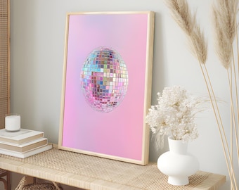 Disco Ball Wall Art, Maximalist Room Decor, Trendy Pink Preppy Poster, Modern Retro Digital Print, Girly Dorm Room Art