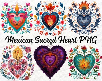 Mexikanische Sacred Heart PNG Bündel | 35 Corazon Sagrado Clipart für Sublimationsdesign • Mexikanische Volkskunst, katholisch PNG | Kommerzielle Nutzung