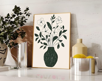 Trendy Vase Botanical Wall Art, Abstract Flower Art Print, Minimalist Floral Illustration, Aesthetic Pastel Wall Decor, Printable Art