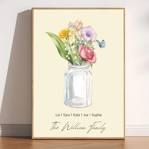 Bouquet de famille de fleurs de naissance, fleur de naissance du jardin de grand-mère imprimable, impression de bouquet de famille personnalisé, art floral de naissance, cadeau de fête des mères