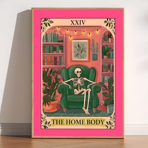 La carta dei tarocchi di The Homebody, stampa dei tarocchi estetica, arredamento per la casa da strega, arredamento gotico accogliente, arte murale alla moda, stampa di scheletro, regalo per gli amanti dei libri