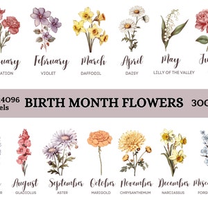 Birth Flower Clipart, DIY Birth Month Flower PNG Antique Floral PNG, Flower Bouquet Graphics, Birthday Flower, Floral Botanical Clipart