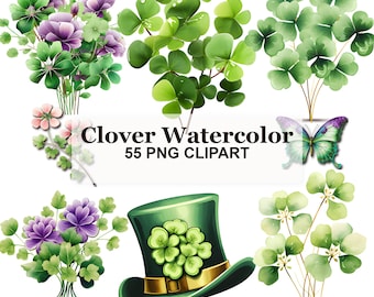 Watercolor Clover Clipart Bundle, St Patricks Day PNG Graphics, Spring Botanical Stickers for Cricut Crafts