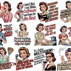 Rolig retro hemmafru PNG-paket | 40 sarkastiska vintage clipart-designer för sublimering | Kommersiell t-shirtdesign digital nedladdning bild 2