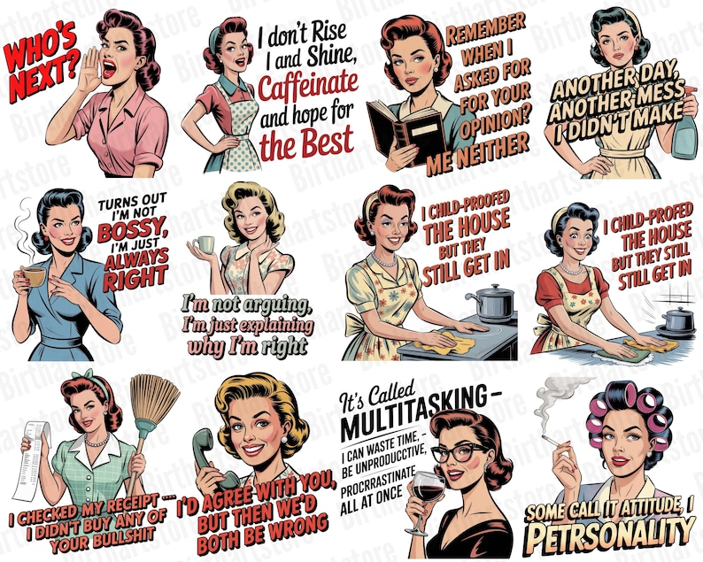 Rolig retro hemmafru PNG-paket | 40 sarkastiska vintage clipart-designer för sublimering | Kommersiell t-shirtdesign digital nedladdning bild 2