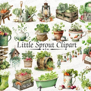May include: Watercolor clipart set featuring garden-themed illustrations. Includes a wheelbarrow with vegetables, a watering can, a birdhouse, a wooden barrel, a bathtub, and a basket. The text "Little Sprout Clipart" is also included.