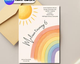 Editable Pastel Rainbow Birthday Party Invite | Girls Canva Template | Kids Birthday Invitation, Rainbow party invite, Girls birthday invite