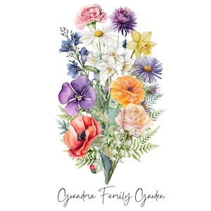 Geboortebloem familieboeket digitaal, gepersonaliseerde geboortemaand bloemsjabloon, Moederdagcadeau, aangepaste geboortebloemenprint, bloemdessin