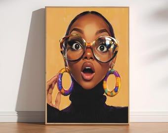 May include: A framed art print depicting a woman with oversized glasses and colourful hoop earrings. The woman has a surprised expression with her mouth open. The artwork is set against a yellow background.