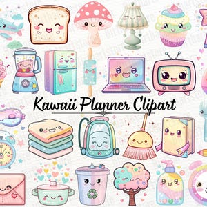 May include: A collection of Kawaii Planner Clipart illustrations featuring various objects with cute, cartoon-like faces. Includes a smiling airplane, bread, mushroom, lamp, cupcake, wand, ice cream, blender, refrigerator, laptop, TV, and more.