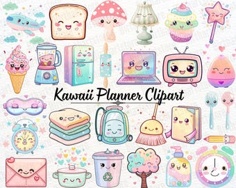 Kawaii Planner Clipart-paket | 70 söta digitala klistermärken för Goodnotes, Journal Clipart PNGs | Utskrivbar Planner-grafik för kommersiellt bruk