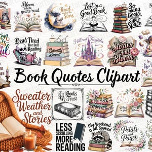 Könnte beinhalten: Eine Sammlung von Buch-Clipart-Bildern. Die Bilder zeigen Bücherstapel, offene Bücher, Zitate und Illustrationen von Katzen, einem Skelett, einem Waschbären und einem lesenden Mädchen. Die Farbpalette umfasst warme Töne und Aquarelleffekte.