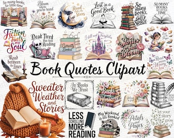 May include: A collection of book-themed clipart images. The images include stacks of books, open books, quotes, and illustrations of cats, a skeleton, a raccoon, and a girl reading. The color palette includes warm tones and watercolor effects.
