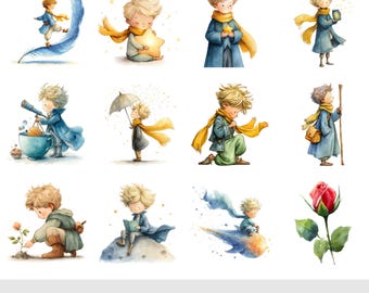 Clipart de El Principito en acuarela • PNG Descarga digital de El Principito • Arte imprimible para guardería de zorro y rosa • Gráficos de El Principito