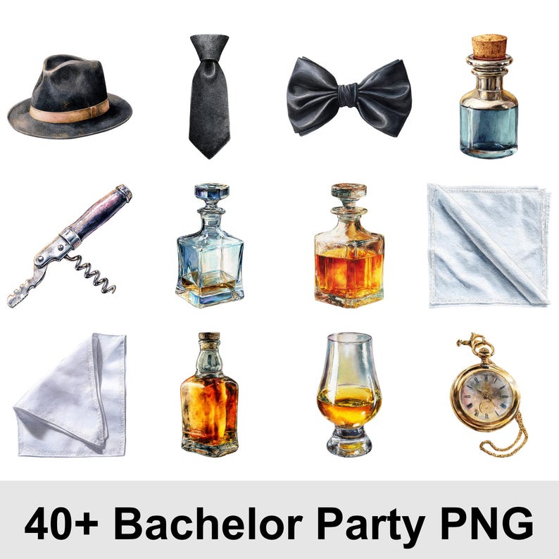 May include: Watercolor illustration of bachelor party accessories. Includes a black fedora hat, tie, bow tie, bottles, a corkscrew, a pocket watch, and a glass of amber liquid. The text "40+ Bachelor Party PNG" is at the bottom.