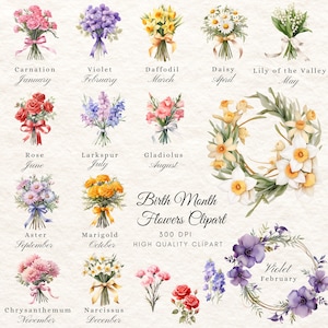 Birth Month Flower Clipart, Personalized Birth Flower Bouquet Graphics, Birth Flower PNG, Birthday Flower, Antique Floral Botanical Art