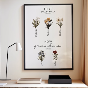 Impression personnalisée de fleurs pour la première maman, cadeau fête des mères, fleur personnalisée pour le mois de naissance de grand-mère, fleur de naissance à imprimer, modèle numérique familial