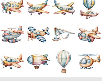Cute Baby Boy Airplane Clipart | Whimsical Watercolor Transportation Clipart for Nursery Art, Printable Designs • Instant Download PNG Files