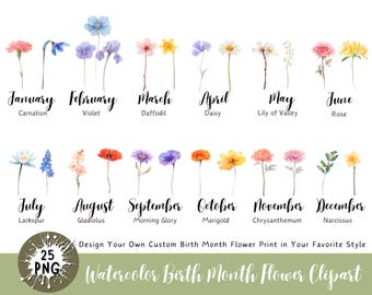 Birth Month Flower Clipart PNG, Personalized Antique Floral Bouquet, Birth Flower Botanical Graphics