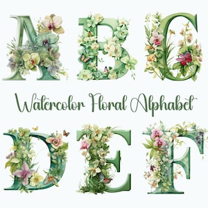 Lettres celtiques florales vertes, alphabet illuminé, monogramme décoratif fantaisie, lettres vertes élégantes, sublimation de conception mystique fantastique