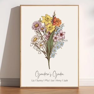 Geburt Blumenstrauß, personalisierte Aquarell Geburt Blumendruck, druckbare Familienstrauß, individuelles Geburtstagsgeschenk für Mama, Geschenk für Oma